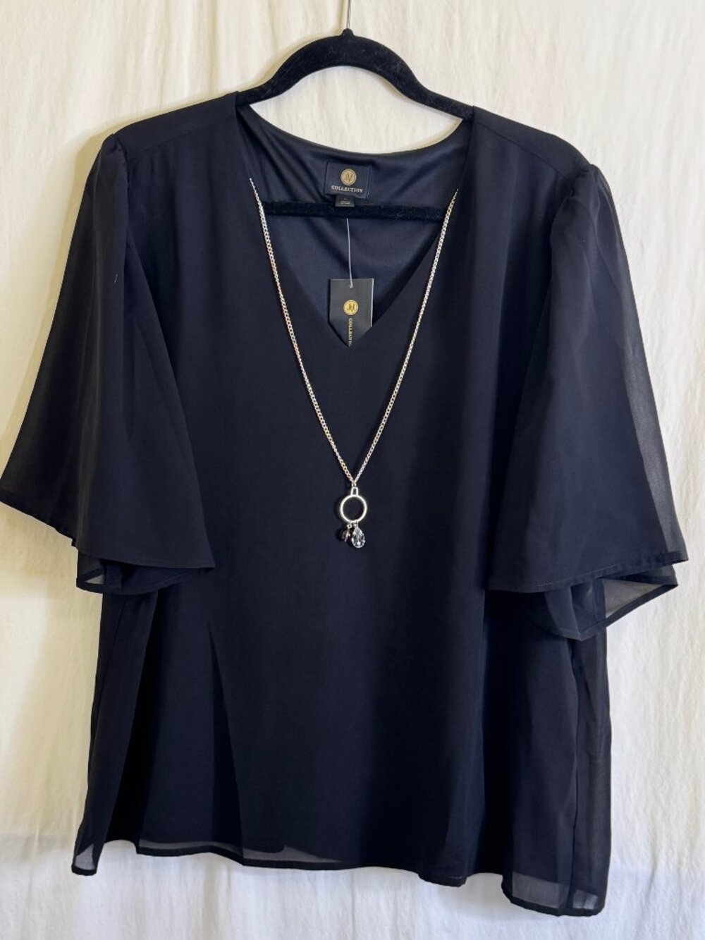 NWT JM Collection Black Sheer Overlay Lined Short Sleeve Chiffon Blouse Size XL